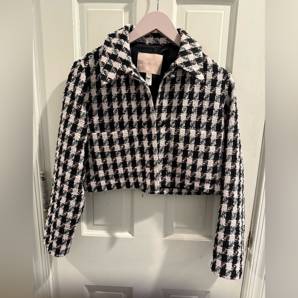 Anthropologie Black, Pink & White Checkered cropped Jacket